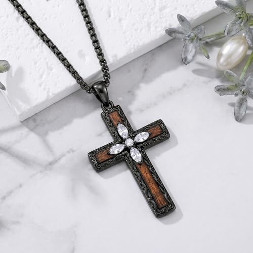 Cross Necklace for Men 925 Sterling Silver Cross Ebony Wooden Ankh Raven Praying Hands Crucifix Amulet Religious Jewelry Gifts for Men Women - color: Cross17