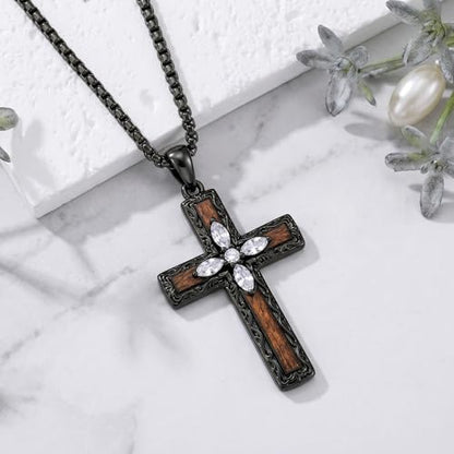 Cross Necklace for Men 925 Sterling Silver Cross Ebony Wooden Ankh Raven Praying Hands Crucifix Amulet Religious Jewelry Gifts for Men Women - color: Cross17