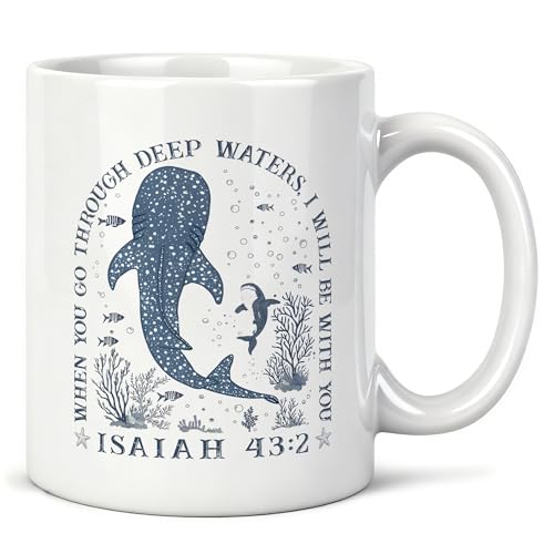 Whale Shark Christian Mug 11 oz, Christian Gifts for Women Men, Isaiah 43:2 Bible Verse Coffee Cups Ceramic, Coastal Beach Religious Ceramic Mug for Coffee Tea Hot Cocoa Home Office Work - color: 34Child
