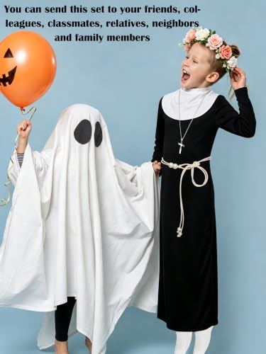 8 Pcs Halloween kids Nun Costume Set with Nun Outfit Hat Belt Gloves Socks Cross Necklace Book and Rose Wreath St Rose of Lima Halloween Nun Outfit for Girls