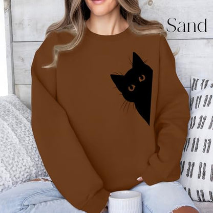 Cat Sweatshirts for Women Graphic Print Sweatshirt Funny Long Sleeve Shirt Cute Pullover Lightweight Hoodie Tops - color: Brown, size: X-Large