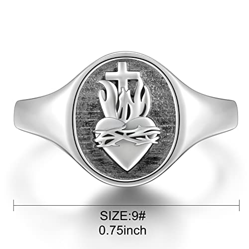 FLYOW S925 Sterling Silver Flaming Sacred Heart Rings Catholic Faith Charm Women Signet Ring Adjustable Love of God Thorn Jewelry Easter Gifts