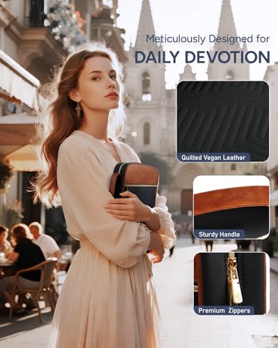 BellaHold Bible Cover Case for Women Quilted Bible Case with Handle Strap - color: Black & Brown, size: XS/S