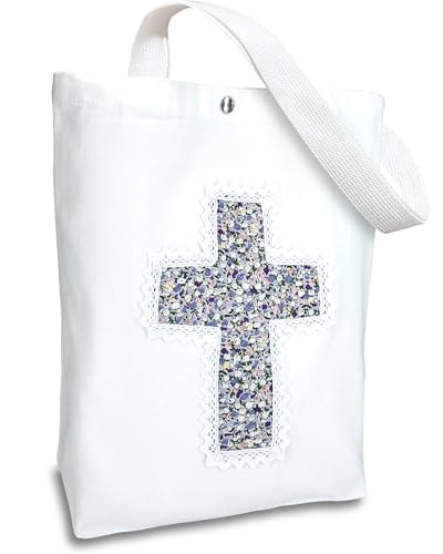 Christian Tote Bag Gift for Women, Canvas Bible Bag Handmade Floral Cross - color: White-lavender Field Floral