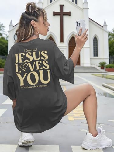Christian Shirts for Women Oversized Faith Jesus Shirt Inspirational Tops - color: Greya, size: XX-Large