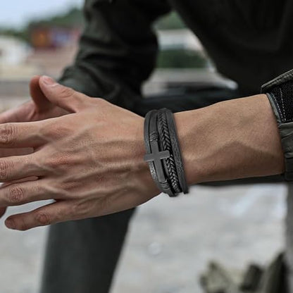 Leather Cross Bracelet Braided Faith Bangle for Men, 8.3 &9.1 Inch - color: 01.Black, size: 8.3in(Fits most wrists)