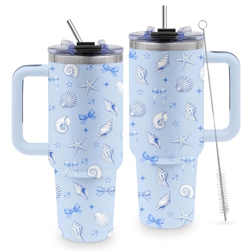 Beach Gift for Women, Bow 40oz Tumbler with Handle - color: Beach-Blue