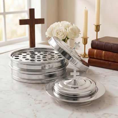 Communion Tray Set for Churches, 2 Wine Trays with Lids & Bread Tray - color: Silver
