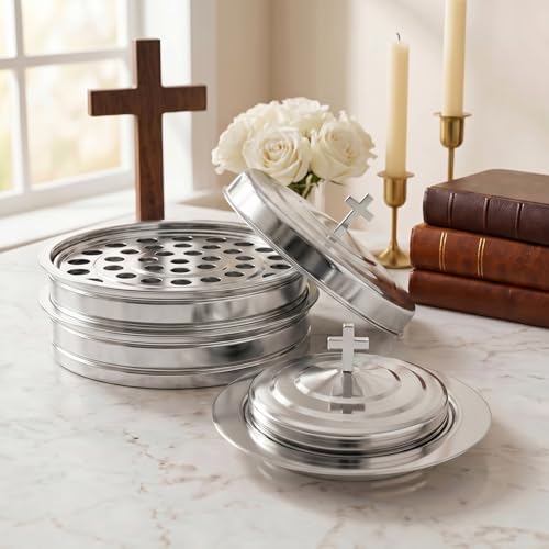 Communion Tray Set for Churches, 2 Wine Trays with Lids & Bread Tray - color: Silver