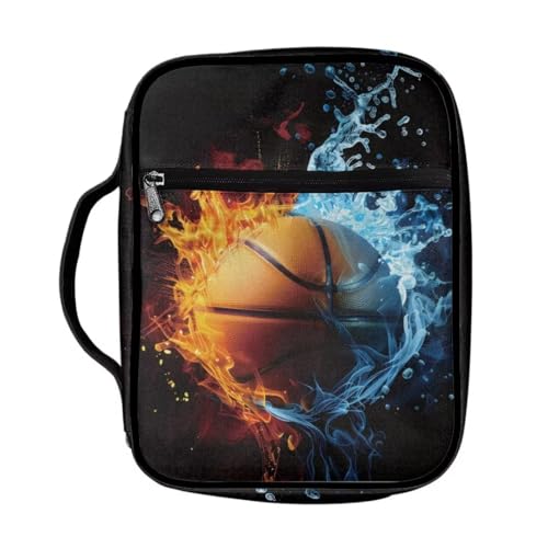 Coldinair Large Bible Cover with Handle and Bookmark Bible Carrying Book Case for Kids Teen Nylon Church Bag Bible Protective for Men,Basketball Water Flame Standard Large Size Bible Covers - color: Basketball Water Flame
