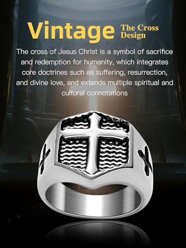 Christian Cross Rings for Men - Stainless Steel Jesus Jewelry with Celtic Knot Sides (Gold/Black/Silver) - Catholic Religious Gift, Size 7-13 - color: A-Silver-Cross