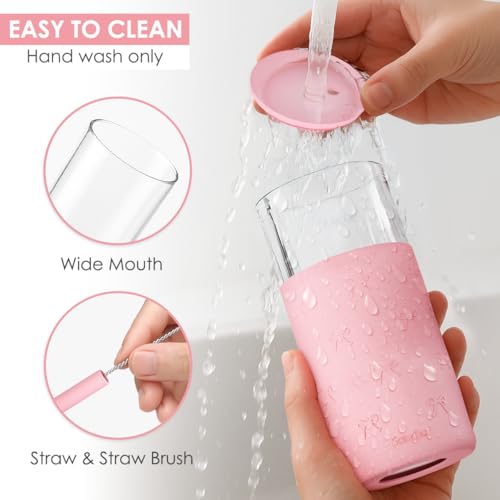 SANDJEST Glass Tumbler with Straw and Lid, Glass Water Bottle with Silicone Sleeve 20oz with Bow, Smoothie, Iced Coffee Cup, Bow Gifts for Women Teen Girls Birthday Christmas - color: Bow 3