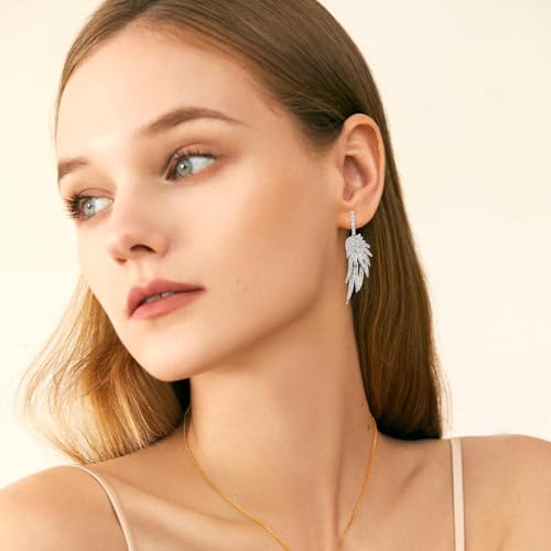 Crystal Cubic Zirconia Angel Wings Dangle Drop Earrings for Women Silver Rhinestone Guardian Angle Dangling statement Earrings gifts for Wife Mom Her - color: Silver