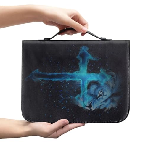 Blue Cross Lion Print Women's Bible Cover PU Leather Waterproof Bible Carrying Case for Church Zippered Large Capacity Book Protector with Top Handle Gifts for Christians - color: Blue Cross Lion, size: 2X-Large