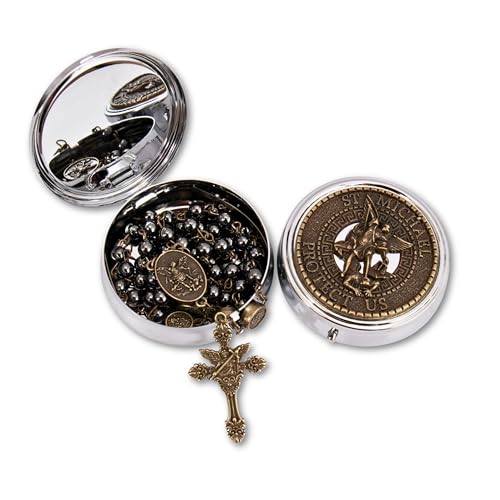 Nazareth Store St Michael Rosary Hematite Stone Beads Necklace Metal Beaded Glory Beads Archangel Medal & Cross with Metal Gift Box - color: Bronze | St.Michael Cross
