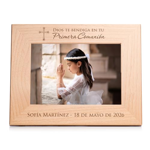 Marco de Foto Personalizado para Primera Comunión – Regalo de Primera Comunión Grabado para Niño o Niña, Primera Comunión, Marco de Madera Dura Grabado en EE.UU. (Foto 5x7 Horizontal) - color: Personalizado - Primera Comunión (en Español), size: 5" x 7" L