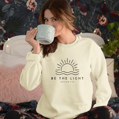 Sulayesh Christian Be The Light Sweatshirts for Women Religious Faith Jesus Bible Verse Graphic Shirts Loose Pullover Tops - color: Apricot, size: XX-Large