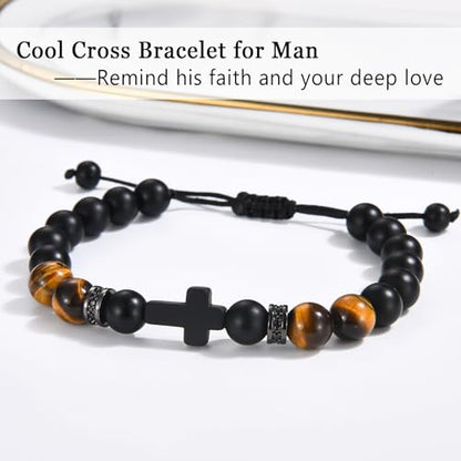 Cross Bracelet Gifts for Men Boys, Cross Beads Bracelet Christian Christmas Easter Basket Stuffers Baptism Jewelry Gifts for Man Him Son Grandson Nephew Brother Godfather Godson - style: Man