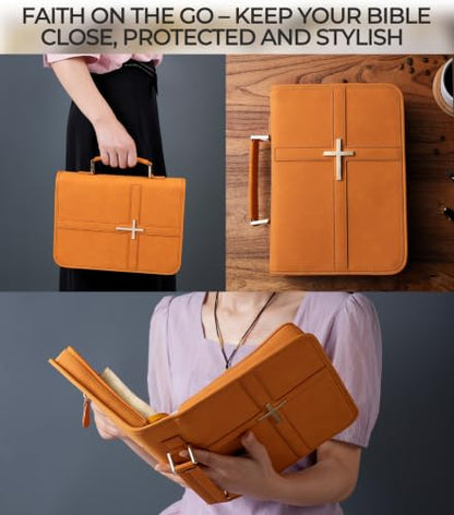 Vegan Leather Bible Cover Case, Bible Bag for Men Women, Gift Box Packaging - color: Orange