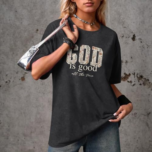 Christian God is Good Shirts for Women Jesus Faith Religious T Shirts Floral Graphic Oversized Acid Washed Tee Tops - color: Black, size: X-Large