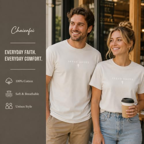 Christian Jesus Saves Cross T Shirt Subtle Minimal Religious Faith Tee Bible Verse Scripture Christian Clothing Unisex - color: Beige, size: X-Large