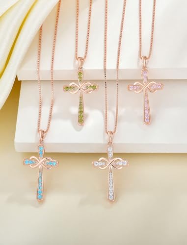 YL 925 Sterling Silver Cross Necklace for Women Halo Infinity Pendant Cubic Zirconia Jewelry for Mom - color: 04-zirconia-Apr-all 18k rose gold