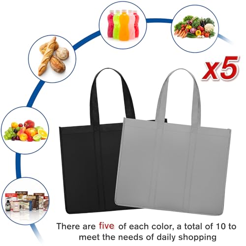 Reusable Grocery Shopping Bags 10 Pack Large Foldable Tote Bags Bulk - color: Black, Grey