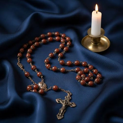 Nazareth Store Natural Stone Beads 8mm Rosary Necklace Antique Copper Design Holy Soil Medal & Cross in Velvet Bag - Catholic Rosaries Terra Santa Jerusalem Collection - color: Red Carnelian