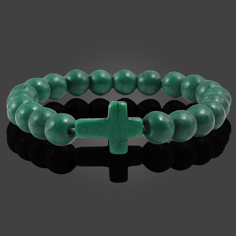 FORUBUS Lava Rock Stone Beaded Bracelet, Cross Charm Natural Volcanic Stone beads Turquoise Stretch Bracelet for Women Men Religion Jewelry Pray Baptism Gift - color: B 1pcs dark green