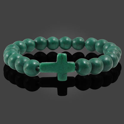 FORUBUS Lava Rock Stone Beaded Bracelet, Cross Charm Natural Volcanic Stone beads Turquoise Stretch Bracelet for Women Men Religion Jewelry Pray Baptism Gift - color: B 1pcs dark green