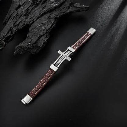 Leather Cross Bracelet Braided Faith Bangle for Men, 8.3 &9.1 Inch - color: 07.brown leather; Style: wheat cross, size: 8.3in(Fits most wrists)