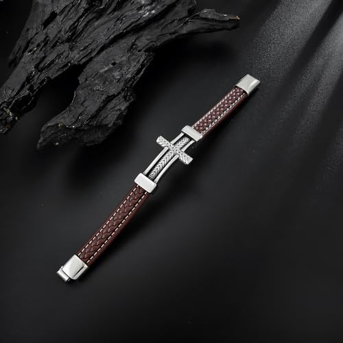 Leather Cross Bracelet Braided Faith Bangle for Men, 8.3 &9.1 Inch - color: 07.brown leather; Style: wheat cross, size: 9.1in(Fits larger wrists)