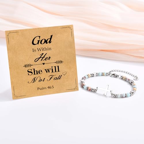 Christian Cross Bracelet for Women Girls, Adjustable Stainless Steel Beaded Cross Bracelets, First Communion Confirmation Easter Religious Bapstim Natural Gemstone Jesus Bracelet Gifts for Her - style: Psalm 46.5
