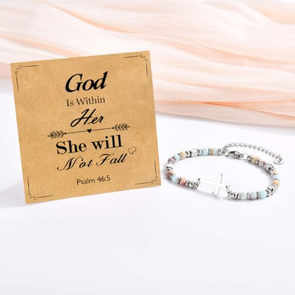 Christian Cross Bracelet for Women Girls, Adjustable Stainless Steel Beaded Cross Bracelets, First Communion Confirmation Easter Religious Bapstim Natural Gemstone Jesus Bracelet Gifts for Her - style: Psalm 46.5