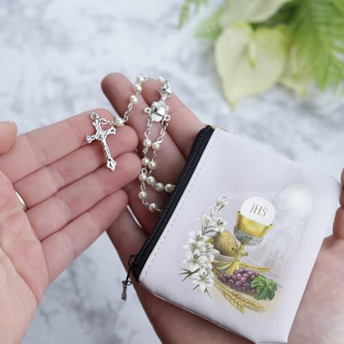Needzo First Holy Communion Rosary Set, White Imitation Pearl Glass Beads with Vinyl Case, Cross Charm Zipper, 17 Inches