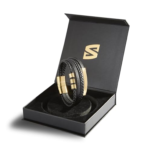 SERASAR Men's Leather Bracelet with Stainless Steel Magnetic Clasp - color: Gold, size: 20cm, style: Brave