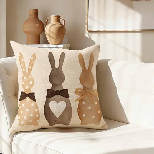Neutral Easter Rabbit Throw Pillow Cover,Polka Dot Bunnies with Bows Decorative Pillow Case,Boho Spring Bunny Cotton Linen Cushion Case for Home Decor 18 * 18 Inch - color: Settype13