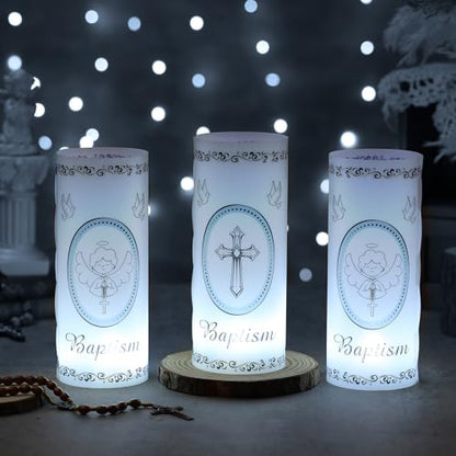 20 Pcs 10 Sets Baptism Centerpieces for Table Baptism Lantern Tea Light Holders with LED Candles Angel Cross Table Lantern for Easter First Communion God Bless Baby Shower Party Decor