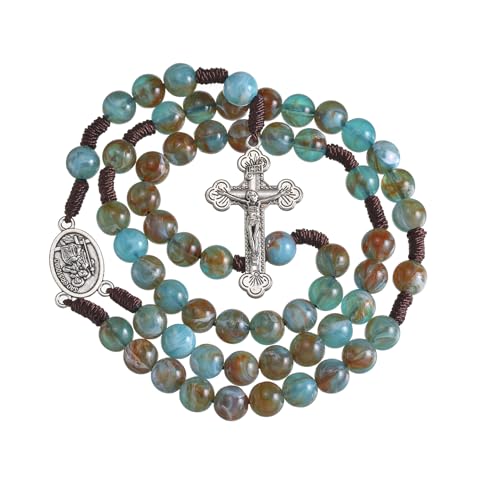 10mm Brown Beads Catholic Rosary Handmade Braided Rosaries with Curcifix Cross and Holy Mary Medal Amulet Rosary Beads Necklace for Women Men - color: Blue