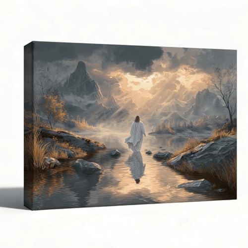 RTVJTERQ Faith Based Canvas Wall Art, Jesus Walking On Water In Mountain Lake Painting, Inspirational Religious Wall Decor for Farmhouse Living Room 8x10 Inch - color: Patriotic 18