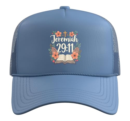 Jeremiah 29:11 Bible Verse Flowers Christian Faith Women Trucker Hat with Adjustable Mesh Back - color: Light Blue