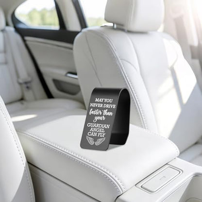 YODOCAMP Never Drive Faster Than Your Guardian Angel Can Fly Car Visor Clip, Christian Safe Driving Reminder with Engraved Angel Message, Faith Based Driver Gift Religious Car Accessory TZC182 - color: Black-C182