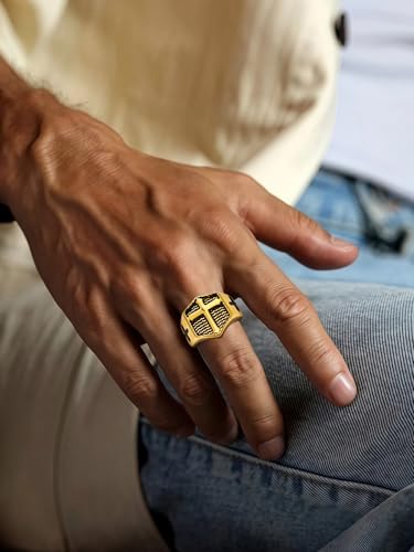 Christian Cross Rings for Men - Stainless Steel Jesus Jewelry with Celtic Knot Sides (Gold/Black/Silver) - Catholic Religious Gift, Size 7-13 - color: C-Gold-Cross