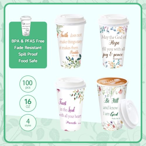 100 Pack 16 oz Disposable Cups with Lids Christian Floral - style: Christian Floral