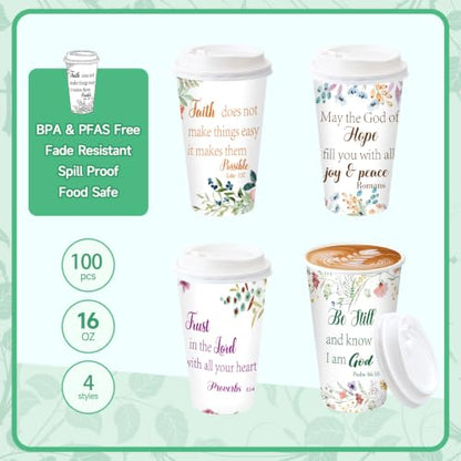 100 Pack 16 oz Disposable Cups with Lids Christian Floral - style: Christian Floral