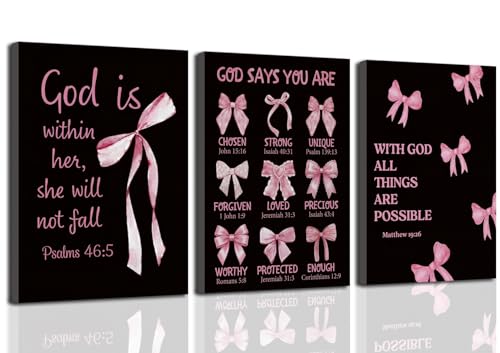 CXQILVER Pink Bow Christian Canvas Wall Art Set of 3, Trendy Preppy Pink and Black Inspirational Scripture Wall Decor Cute Coquette Bible Verse Posters for Girls Bedroom Bathroom Dorm 12x16in Framed - color: Black bow, size: 16"L x 12"W