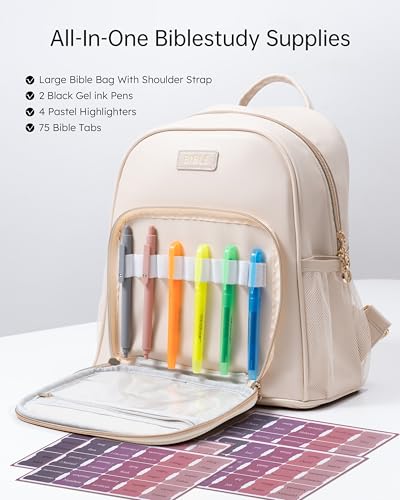 Premium Bible Backpack Set for Women - Stylish Checkered PU Leather Bible Bag with 72 Bible Tabs, 4 Highlighters & 2 Pens - Ideal for Church, Study & Travel - color: Beige