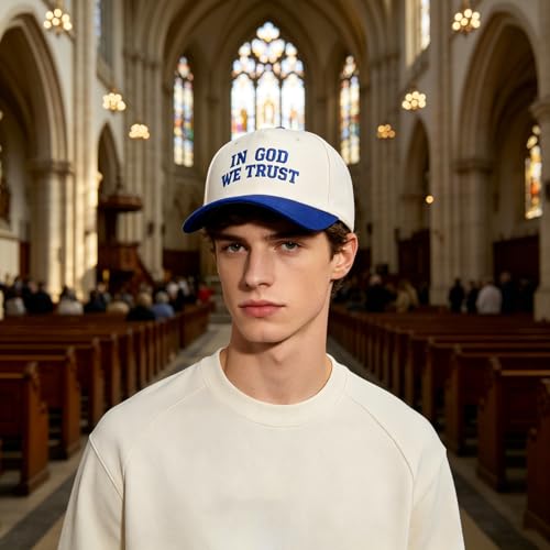 Embroidered Christian Two-Tone Baseball Cap for Men & Women, Adjustable Dad Hat Christmas Easter Gift - color: In God We Trust, Navy Blue/Beige