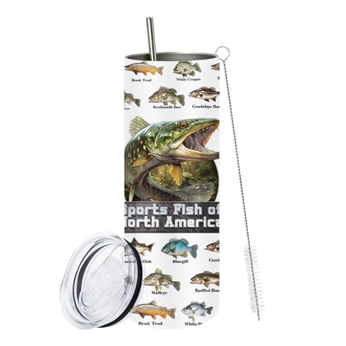 Fishing Gifts for Men, Fishing Cups for Grandpa Dad, 20 Oz Tumbler Stainless Steel with Straw, Fish Mug, Birthday Christmas Thanksgiving Gifts for Fisherman Fish Lovers, 1 PCS - color: North American Fish