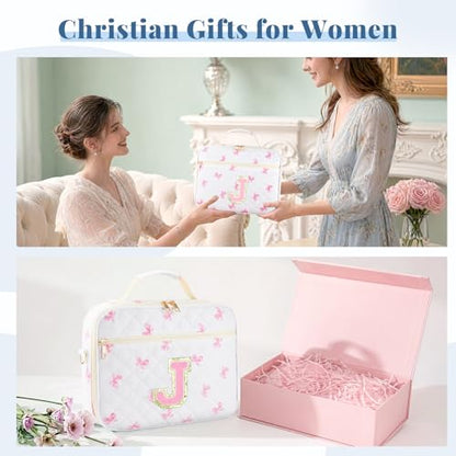 Personalized Initial Bible Cover Case for Women Bible Bag w/Study Supplies - color: Pink Bow, size: J